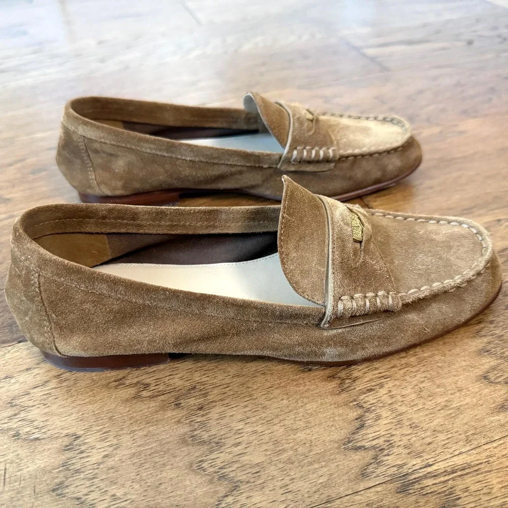 VERONICA BEARD SUEDE PENNY LOAFERS IN HAZELWOOD Size 6.5M EUC